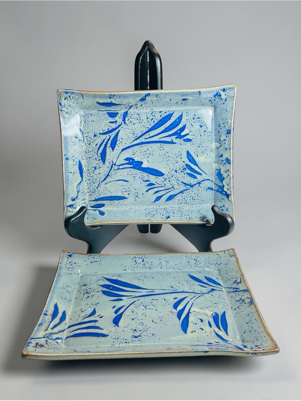 Art Studio Pottery Blue Grey Asian Floral Ceramic Liz Vigoda Serving Plate